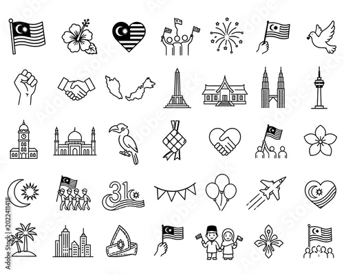 A set 24 icon Malaysia Independence Day Merdeka Hari Malaysia Culture Symbols
