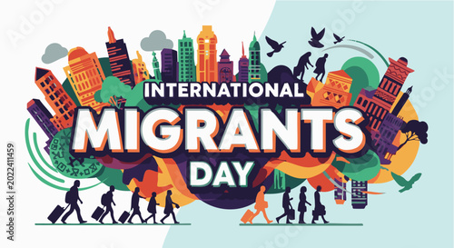 International Migrants Day logo in vibrant colorful illustration for social media campaign