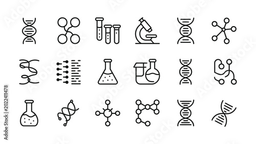 A collection of scientific icons including DNA strands molecular structures laboratory equipment and microscopic elements illustrating research and discovery in science