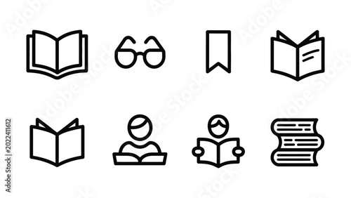 A collection of simple line art icons representing books reading and learning including open books and a bookmark