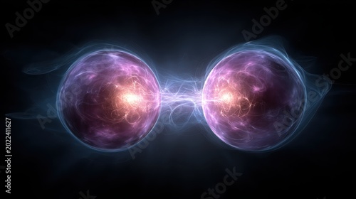 Two glowing spheres connected by shimmering light representing quantum entanglement