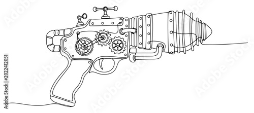 Bild auf Leinwand Steampunk ray gun blaster with gears and tubes in continuous line art style