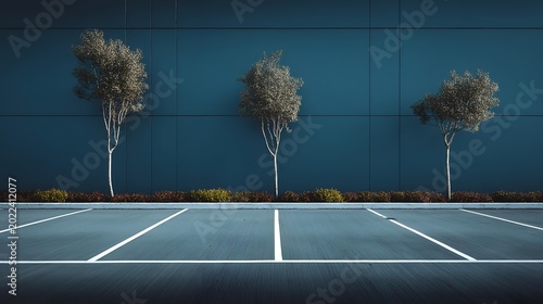 A serene view of a minimalist parking lot featuring three slender trees in front of a textured blue wall, creating a calming urban landscape.