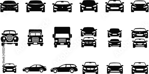 Schilderij op canvas Vehicle Silhouette Vector Set Featuring Cars, Trucks, and SUVs in Front and Side