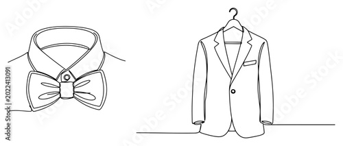 Groom wedding suit jacket and shirt with bowtie in continuous line art style