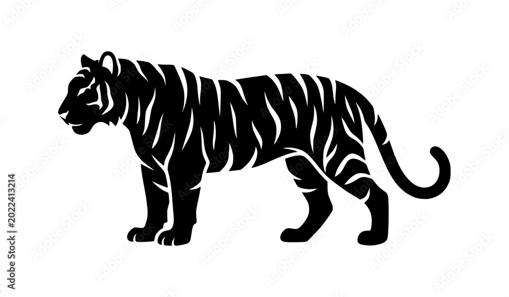 Obraz premium Side View Vector Illustration with Black Stripes, Orange and White Fur, Wildlife Silhouette for Jungle, Safari, and Animal Stock Design