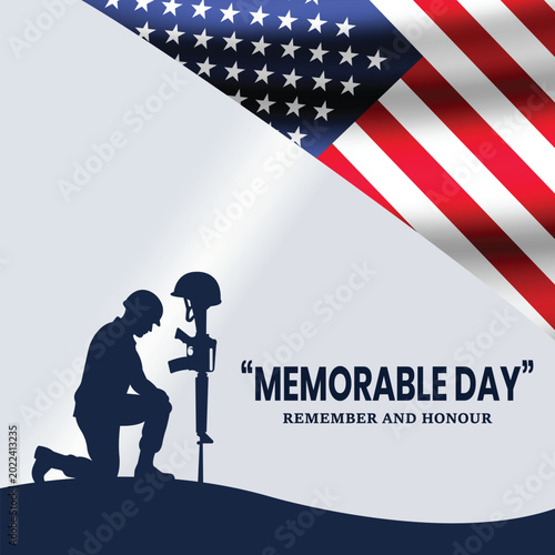 Foto Memorable Day: A solemn silhouette of a soldier kneeling before a memorial cross and helmet, alongside the American flag, serves as a poignant tribute, honoring sacrifice and remembrance