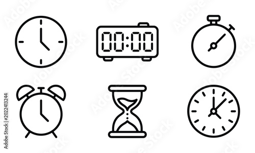 Schilderij op canvas Time Icons Set: Analog Clocks, Digital Timer, Stopwatch, Alarm Clock, Hourglass,