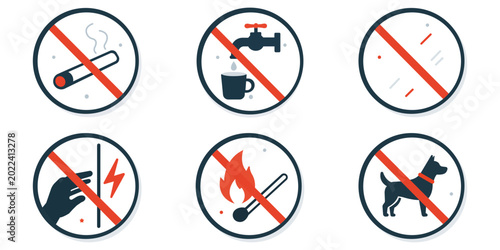 Photos Safety Signs: A set of six essential safety signs are clearly displayed, conveying crucial information about prohibited actions or potential hazards