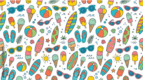 Whimsical Summer Doodle Seamless Pattern with Colorful Beach Elements, featuring Sunglasses, Surfboards, and Ice Cream