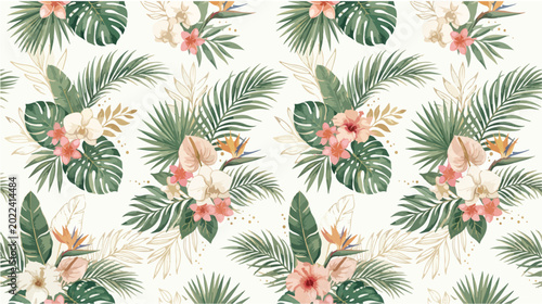 Elegant Watercolor Tropical Botanical Seamless Pattern featuring Exotic Flowers, Lush Palm Leaves, and Golden Accents on a Light Background