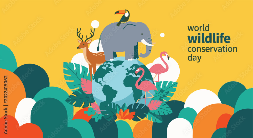 Fototapeta premium Earth with animals flat illustration for World Wildlife Conservation Day in colorful vibrant style with tropical plants for ecology and conservation