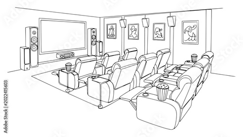 Fotografía Home cinema room with recliner seats and large screen in continuous line art sty
