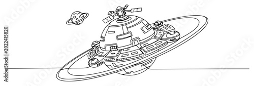 Obraz na plátně Space station with rings and celestial bodies in minimalist monoline drawing sty