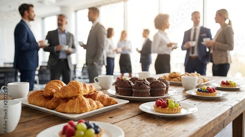 Corporate professionals networking at office catering event with croissants and fresh fruit tarts on wooden table foreground and blurred business partners talking in background