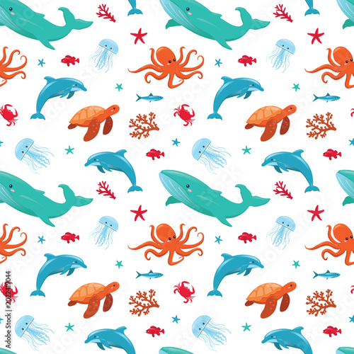 Photography Sea animals seamless pattern, cute marine life vector illustration with whale, o