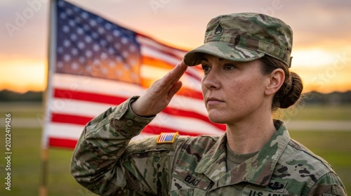 A female soldier in camouflage uniform salutes the American flag at sunset with the flag in the background. A member of the US Armed Forces pays tribute to her country.