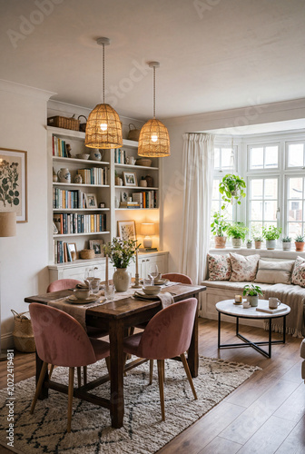 Cozy, warm-toned living and dining area