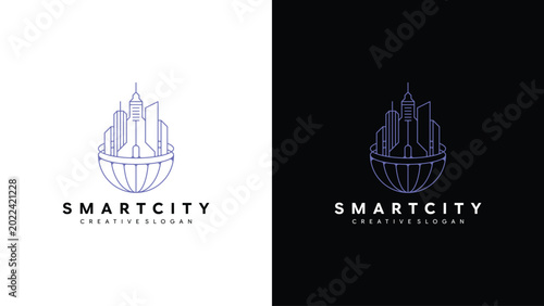 Smart City Technology Logo with Digital Globe and Urban Building Skyline Vector Illustration