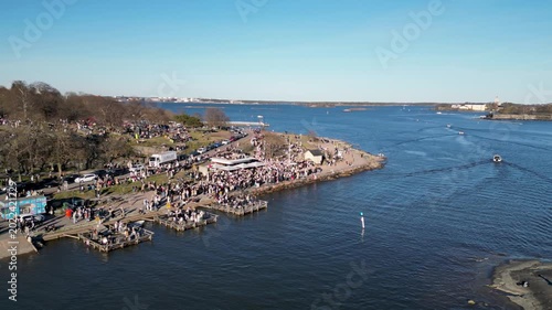 Aerial View of Vappu Celebration at Kaivopuisto Helsinki Finland