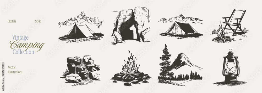 Fototapeta premium Wild mountain camping tent campfire scenery set. Illustrations for travel maps and park branding. Crayon drawn pencil sketch style with a rough graphite crosshatch texture.