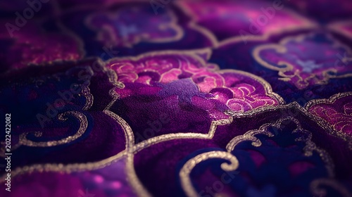 Intricate and opulent repeating textile pattern featuring deep purple indigo and magenta hues with baroque ornamental details