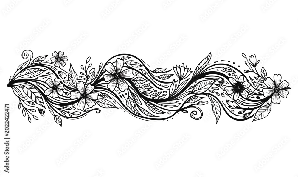 Fototapeta premium Premium Hand-Drawn Floral Wave Border - Elegant Botanical Vines Wildflower Sketches, Aesthetic Line Art Header for Wedding Invitations, Stationery Luxury Branding