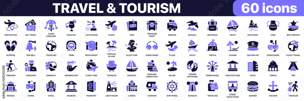 Fototapeta premium Travel and tourism icon collection in purple colored style. Includes airplane, passport, hotel, luggage, yacht, museum and tropical island icons in flat fill style