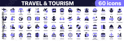 Travel and tourism icon collection in purple colored style. Includes airplane, passport, hotel, luggage, yacht, museum and tropical island icons in flat fill style