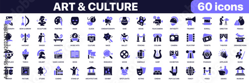 Art and culture icon collection in purple colored style. Includes cinema, theater, music, museum, painting, sculpture and artistic heritage icons in flat fill style