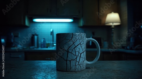 A cracked ceramic mug filled with tepid water rests on a kitchen table under dim blue lighting