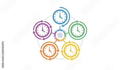 Colorful Circular Alarm Clocks Vector Illustration with Five Clocks in Blue, Green, Purple, Orange, and Yellow for Productivity, Time Management, and Infographic Designs