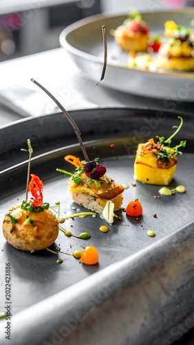 Gourmet Appetizers on Metal Serving Tray.