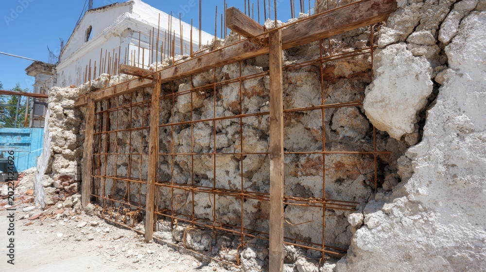 Fototapeta premium Dilapidated Stone Wall Under Construction with Exposed Rebar and Wooden Supports