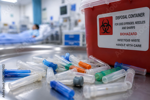 Close Up of Medical Sharps Disposal Container with Used Syringes and Clinical Waste in Hospital Environment