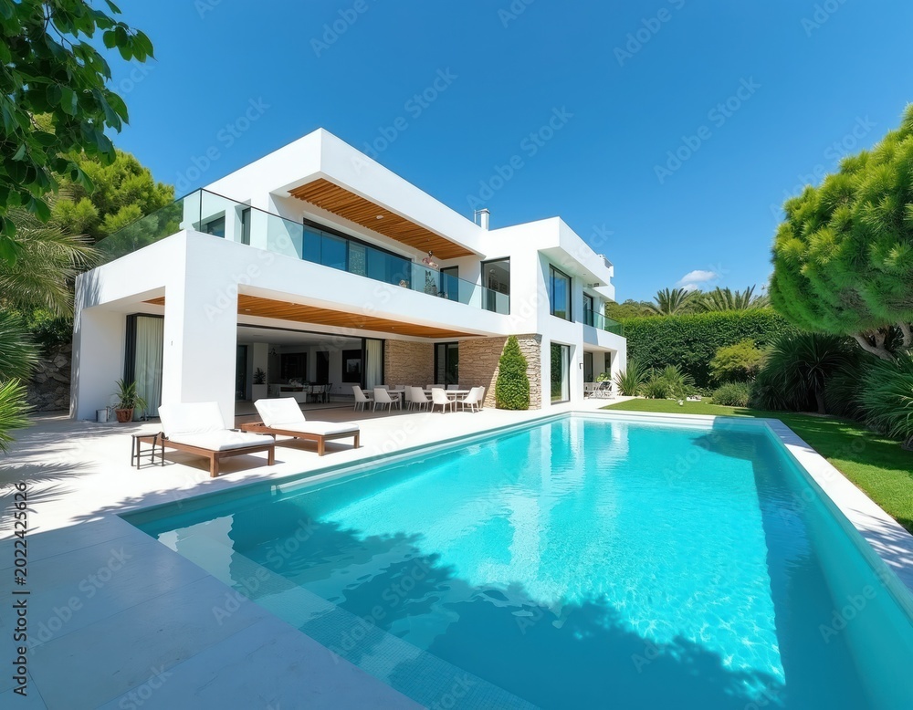 Fototapeta premium Modern white villa with large swimming pool. Outdoor lounge area with furniture. Lush green garden surrounds luxurious property. Clear blue sky above contemporary home architecture.