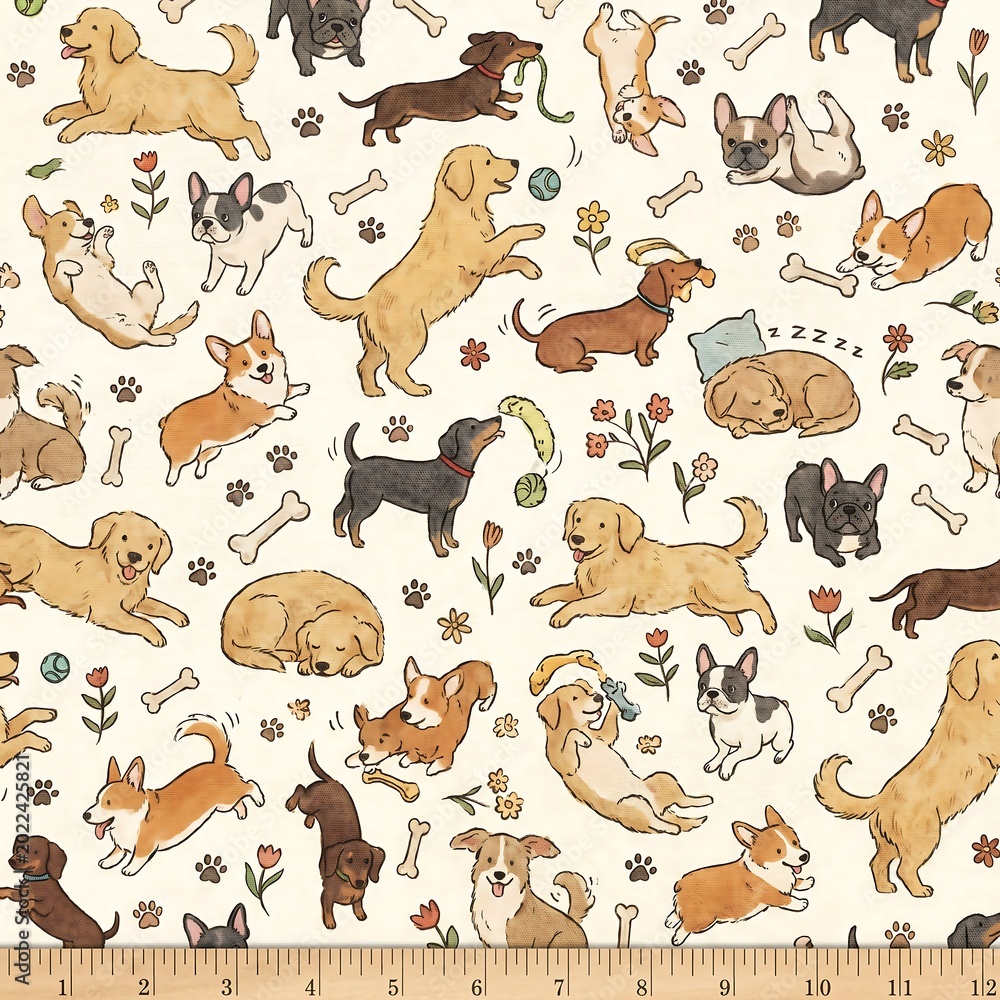 Fototapeta premium Seamless pattern of various playful dog breeds with bones and paw prints 