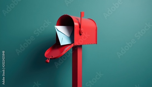 Red mailbox with open door shows envelope and paper inside. Postal box on teal background waits for mail. Traditional mail delivery service concept graphic.