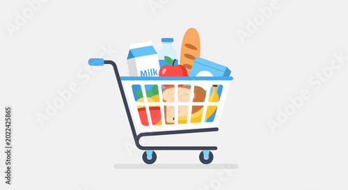 Metal shopping cart filled with fresh grocery items including bread milk and fruit presented as a clean flat graphic illustration for commercial use in retail design and marketing sales projects