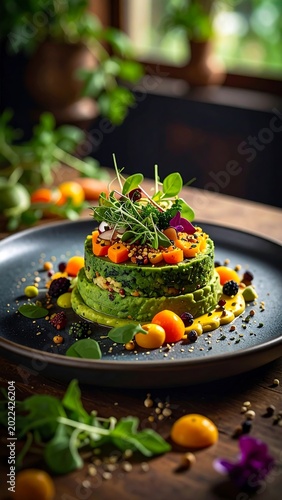 Gourmet Avocado and Vegetable Stacked Salad Dish.
