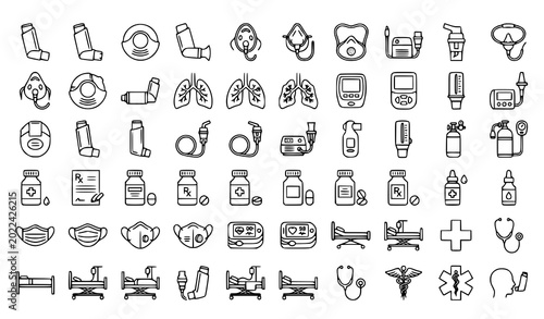 Asthma Treatment and Respiratory Care Medical Icon Collection with Inhalers Lungs and Therapy Equipment