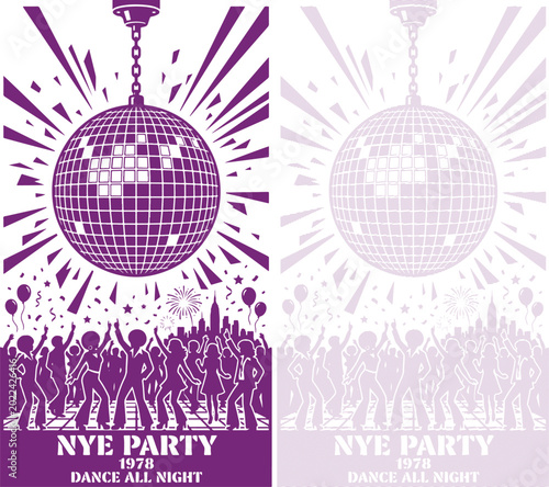 Canvas Print Disco Ball Party Poster with Dancing Crowd in 1978 Retro Style American Occassio