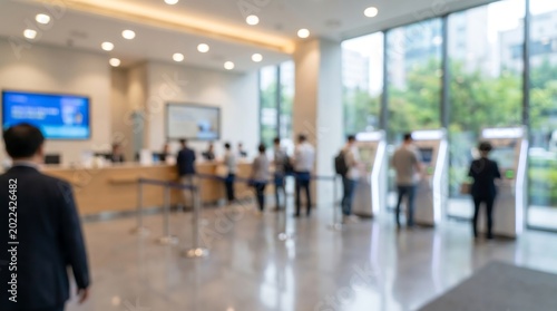 Blurred view of busy bank interior with people using self service kiosks and interacting with bank tellers in bright modern financial center setting with glass windows and open space