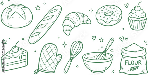 Photos Bakery Delights: An array of freshly baked goods and essential baking tools are arranged with care