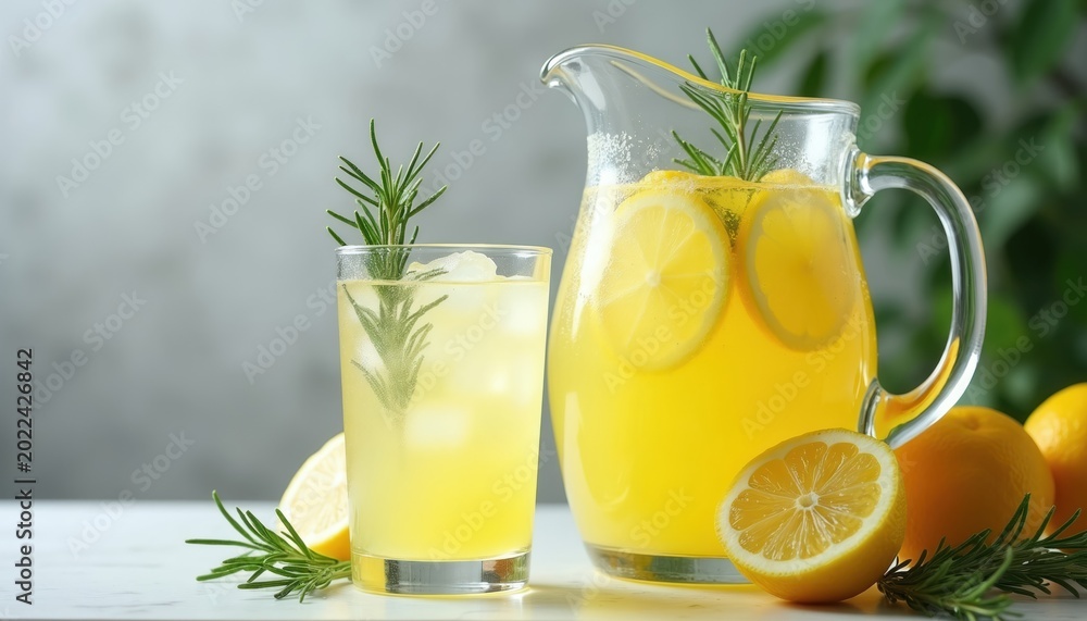 Fototapeta premium Bright yellow lemonade with lemon slices and rosemary sprigs in pitcher and glass. Refreshing citrus drink with ice, ready for serving. Perfect for summer parties and healthy lifestyle.