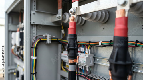 Medium-voltage cable termination heat-shrink kit being installed on a 15-kilovolt feeder inside a switchgear cubicle under cool fluorescent control-room lighting on a fit-out shift