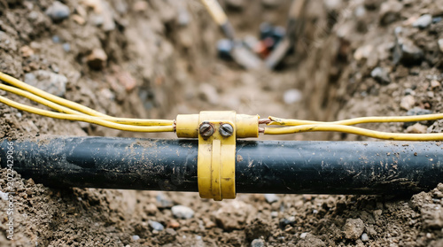 Yellow insulated tracer wire splice connector pressed onto a polyethylene gas service line in an exposed trench during a new house service tie-in on a freshly graded lot