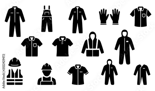 Foto Workwear and Protective Clothing Vector Icon Set Including Coveralls, Overalls,