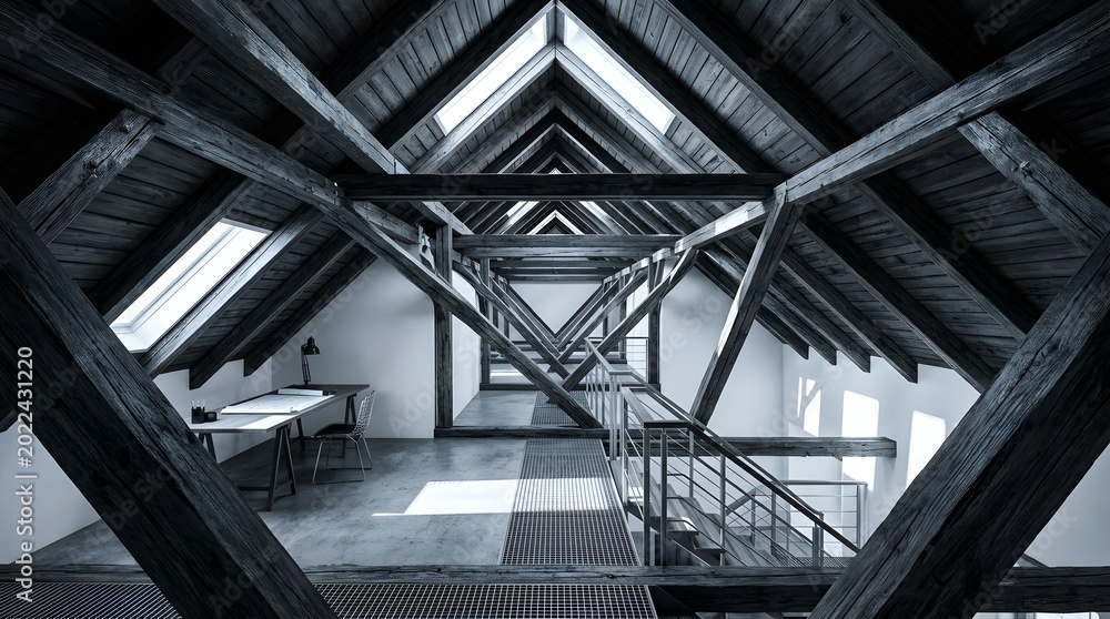 Fototapeta premium Modern Interior Staircase Design with Exposed Wooden Trusses