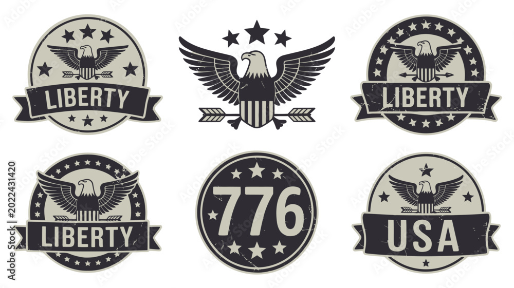 Fototapeta premium Set of vintage American patriotic emblems featuring eagles and stars
